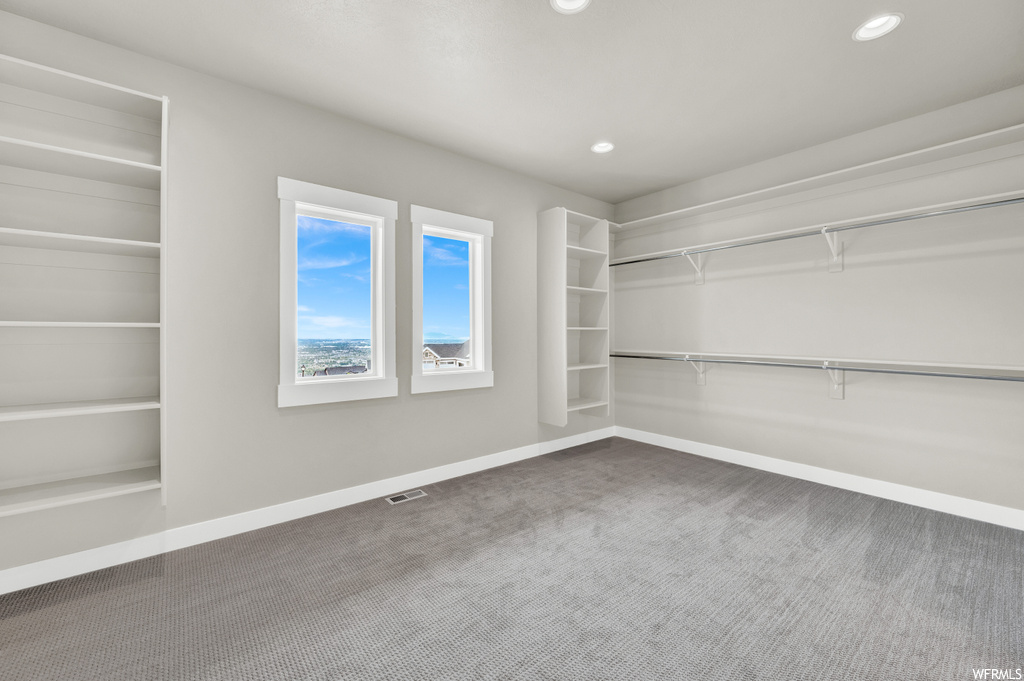 Walk in closet with carpet and natural light