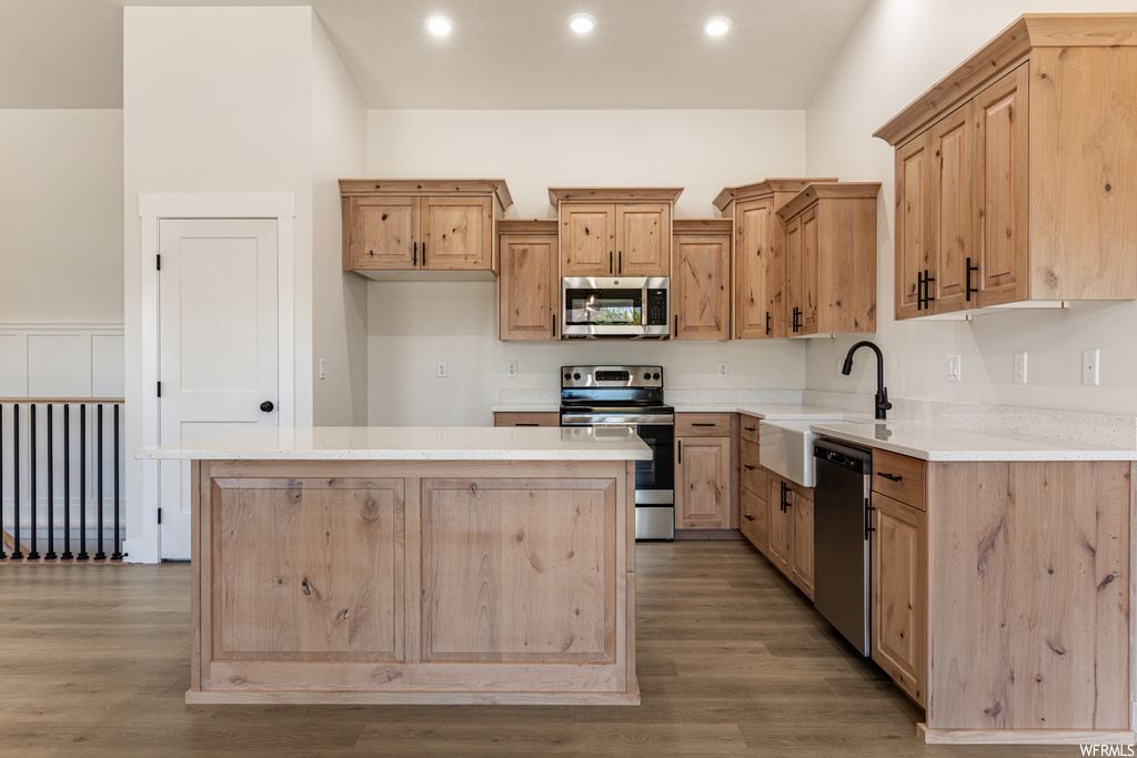 Kitchen featuring light hardwood / wood-style floors, a center island, and appliances with stainless steel finishes