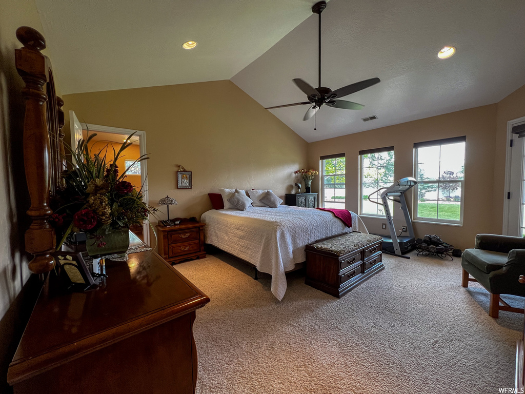 Carpeted bedroom with a ceiling fan, vaulted ceiling, and natural light