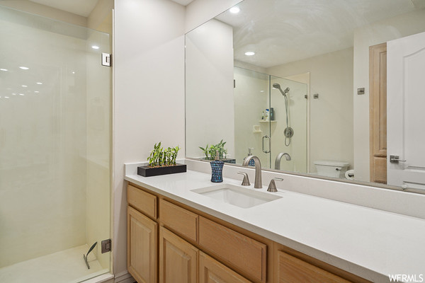Full bathroom featuring shower with glass door, mirror, toilet, and vanity