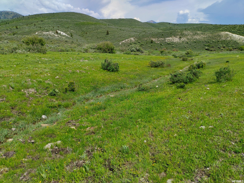 Property view of mountains featuring a yard