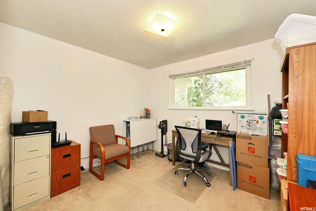 Carpeted office space featuring natural light and TV