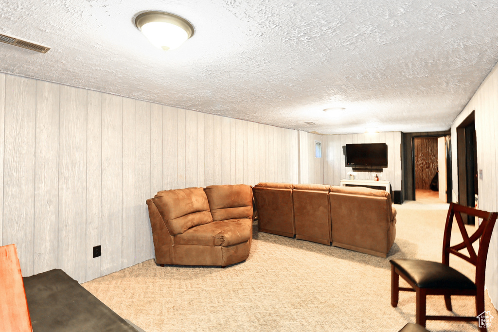 Living room featuring wooden walls, a textured ceiling, and light colored carpet