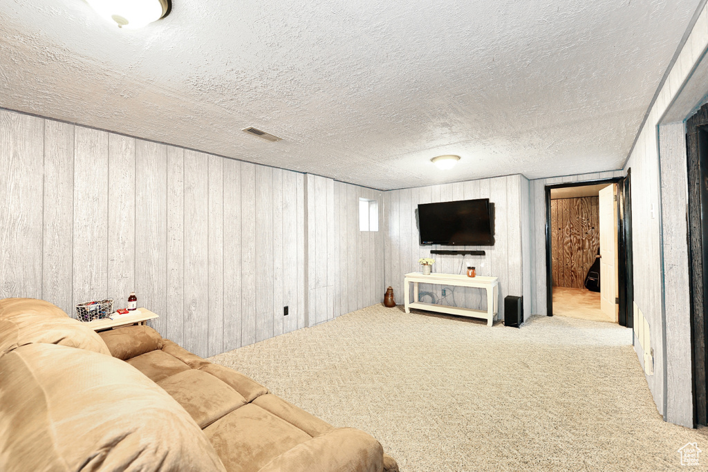 Living room with a textured ceiling, light colored carpet, and wood walls