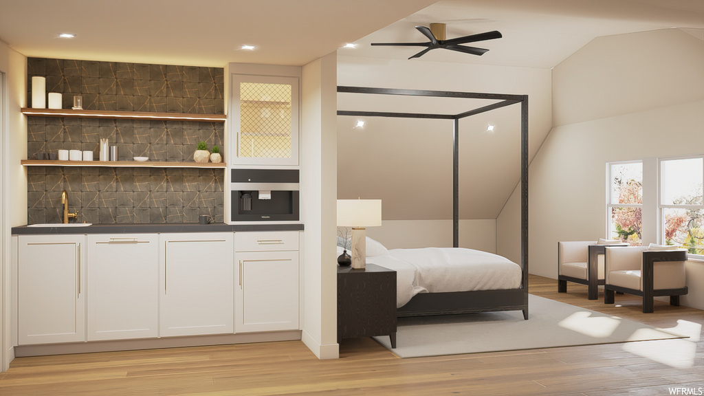 Bedroom with hardwood flooring and a ceiling fan