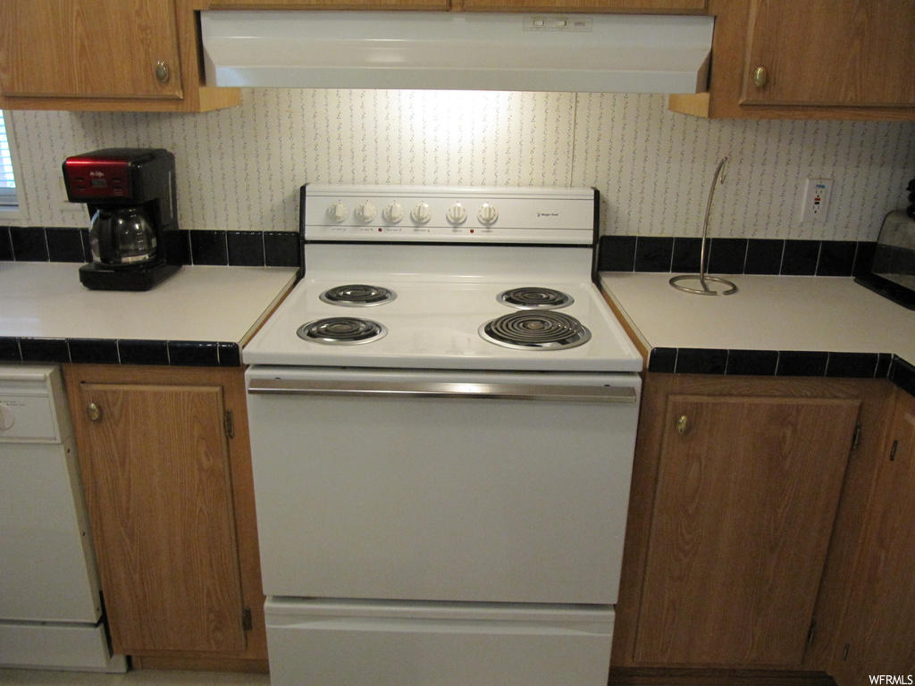 Kitchen featuring electric range oven, dishwasher, exhaust hood, and light countertops