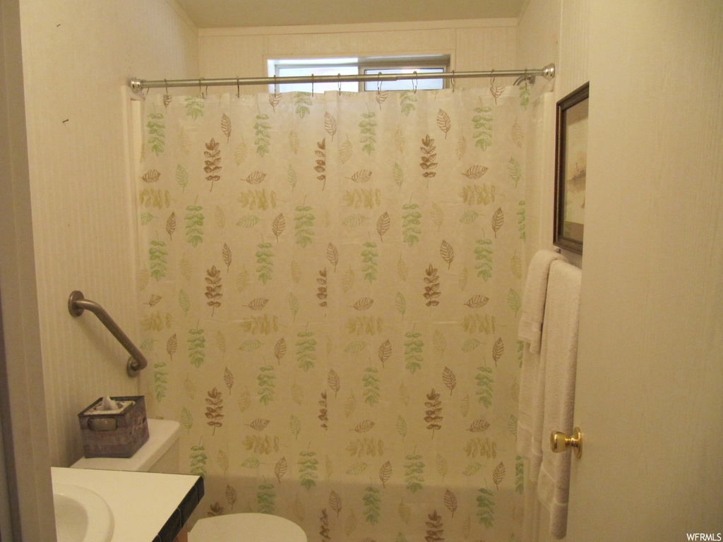 Bathroom with shower curtain, mirror, washbasin, and toilet