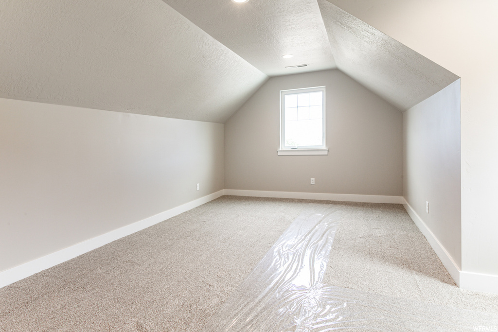 Additional living space featuring light carpet, a textured ceiling, and vaulted ceiling