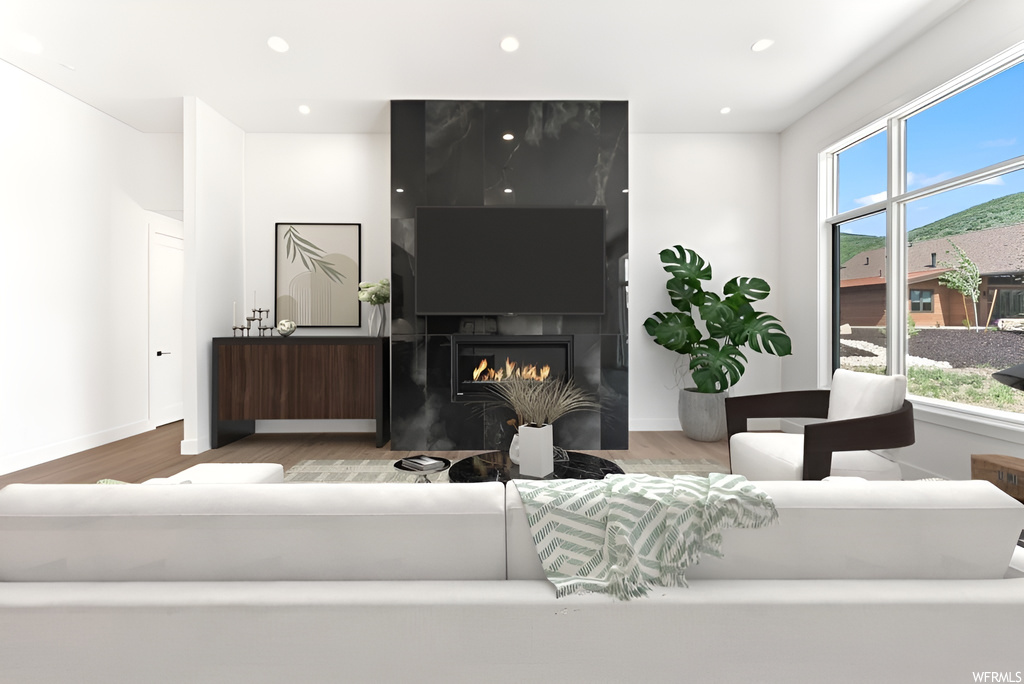 Living room featuring a fireplace, hardwood floors, natural light, and TV