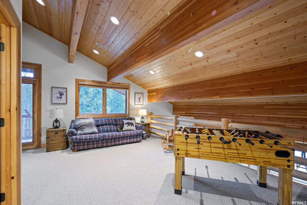 Playroom with natural light, vaulted ceiling, and carpet