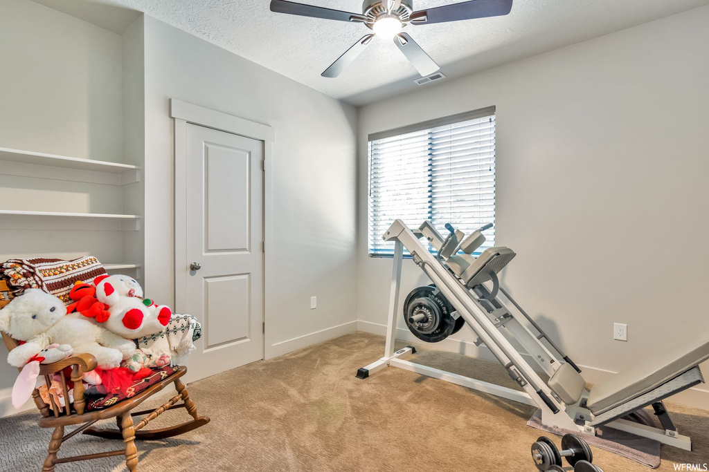 Exercise area featuring natural light, a ceiling fan, and carpet