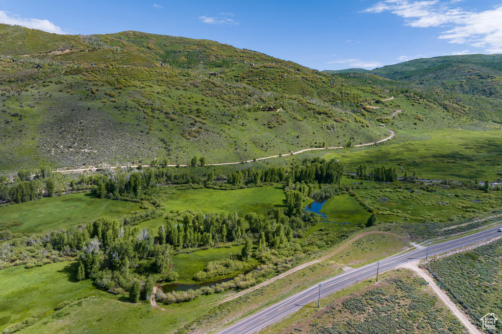 Birds eye view of property with a mountain view