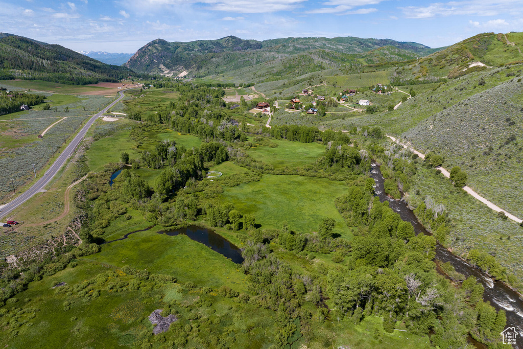 Birds eye view of property with a mountain view