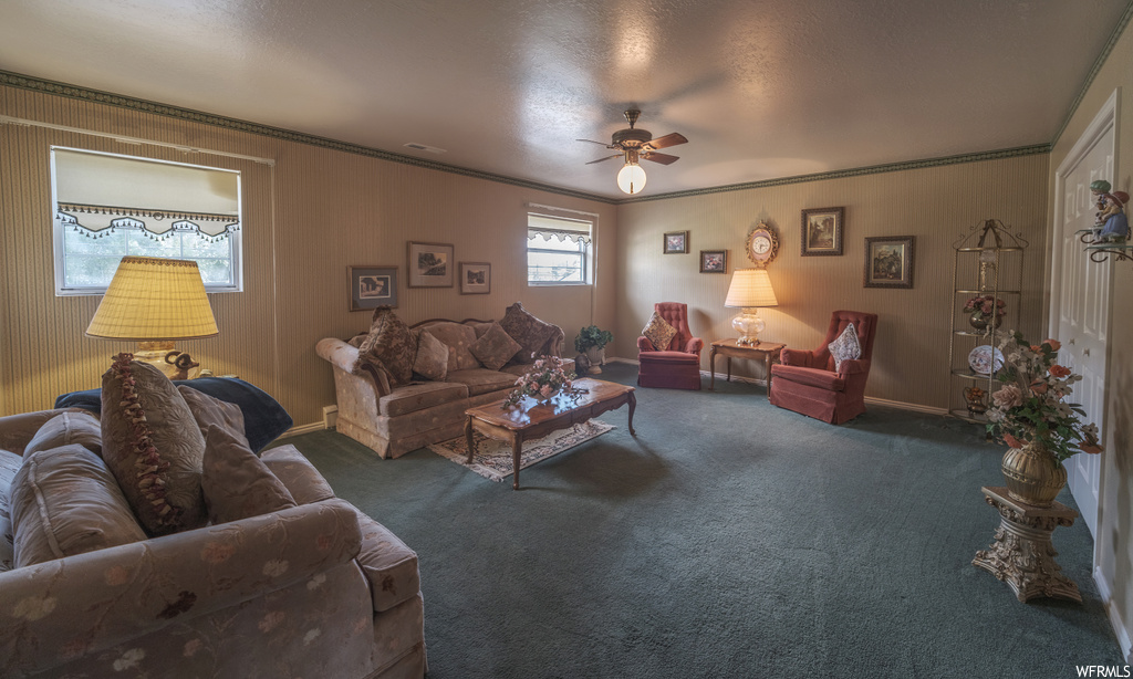 Carpeted living room featuring natural light and a ceiling fan
