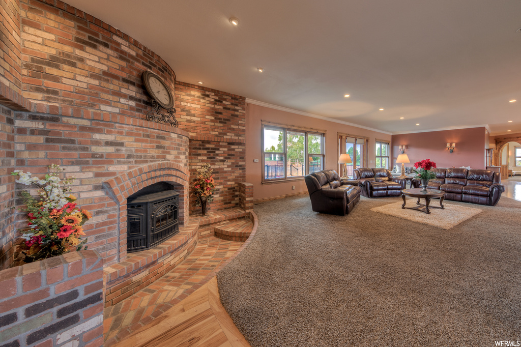 Living room with a brick fireplace