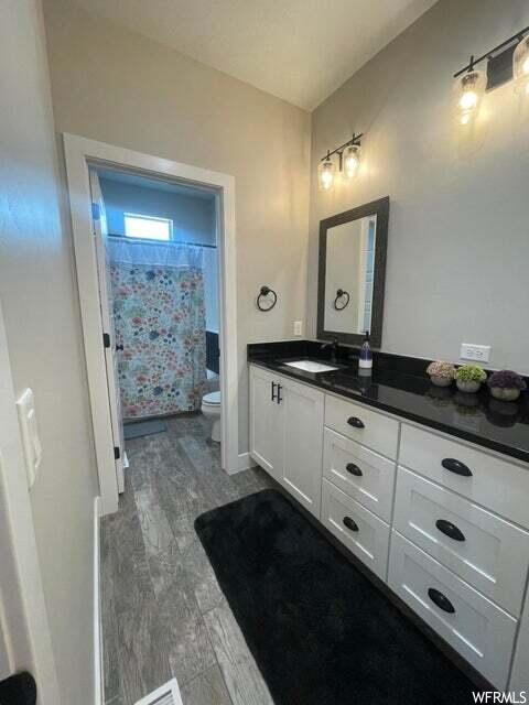 Bathroom featuring wood-type flooring, natural light, shower curtain, vanity, mirror, and toilet