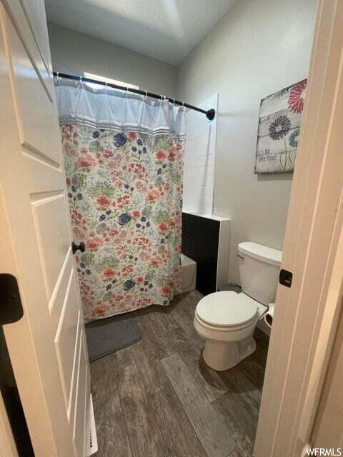 Bathroom with vanity, toilet, and shower curtain