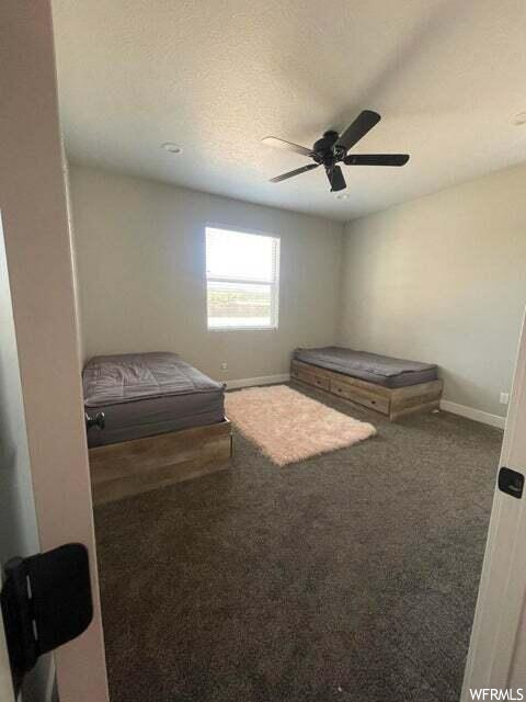 Carpeted bedroom with a ceiling fan and natural light