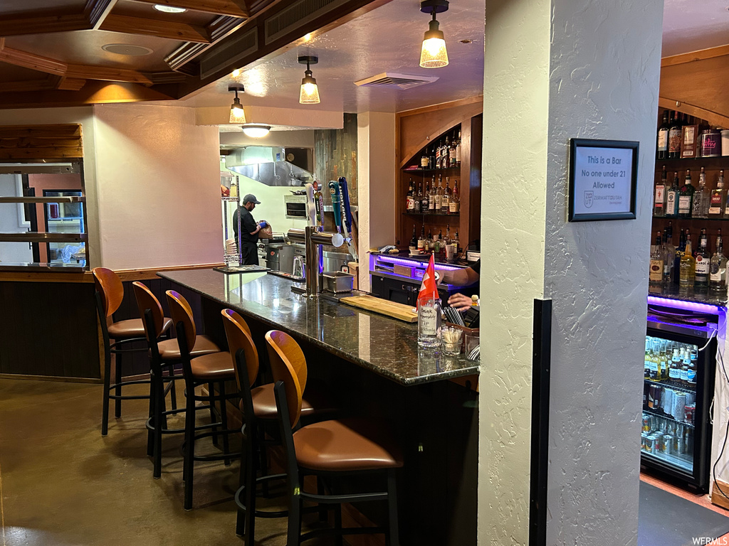 Bar featuring a kitchen breakfast bar and dark countertops