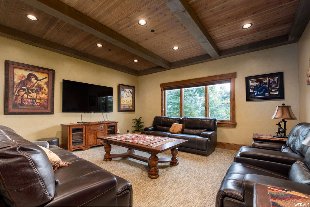 Living room with carpet, beamed ceiling, natural light, and TV
