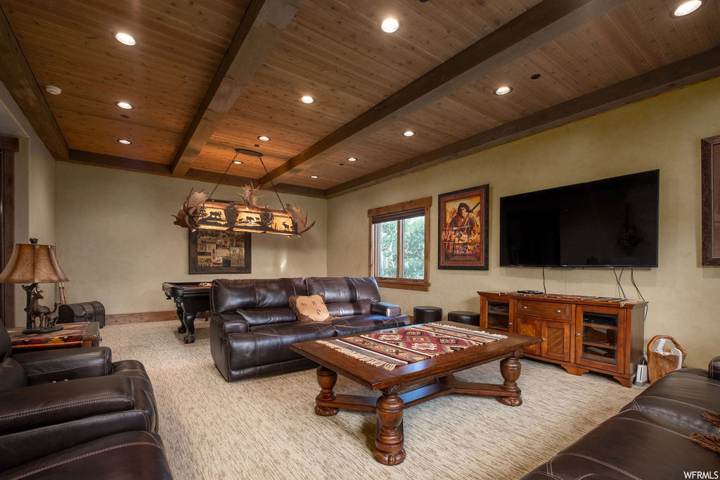 Living room featuring beamed ceiling, carpet, natural light, and TV