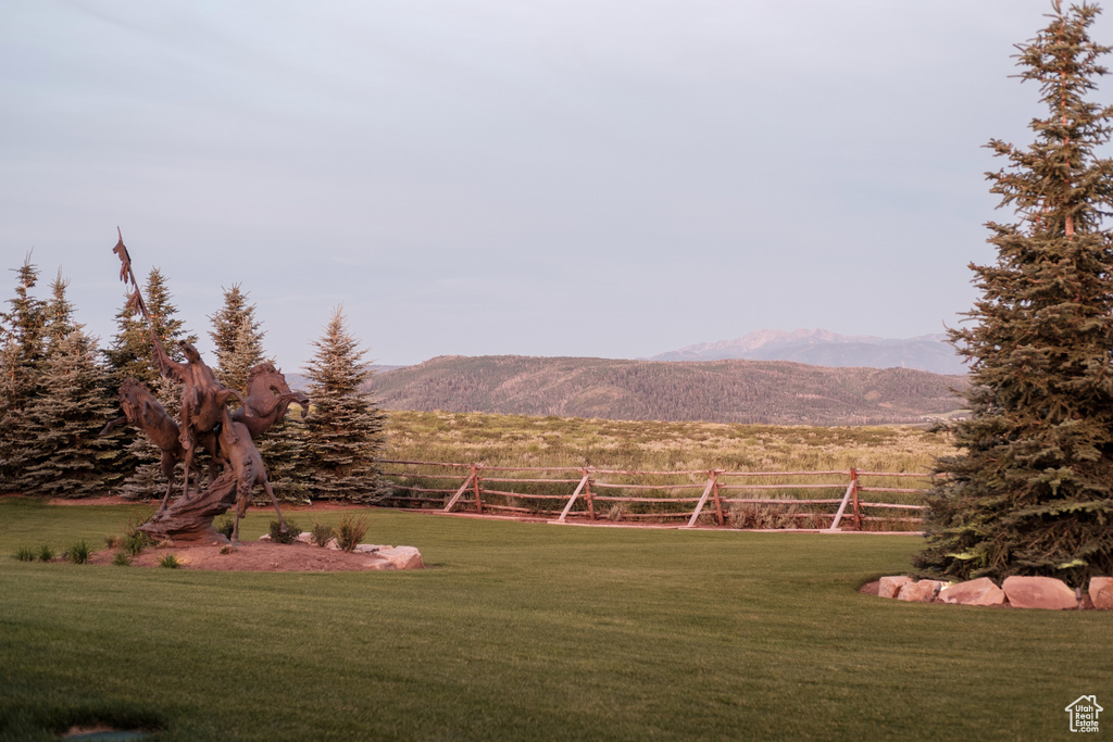 View of yard featuring fence, a mountain view, and a rural view