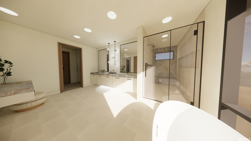 Bathroom with tile flooring, vanity, separate shower and tub, and mirror
