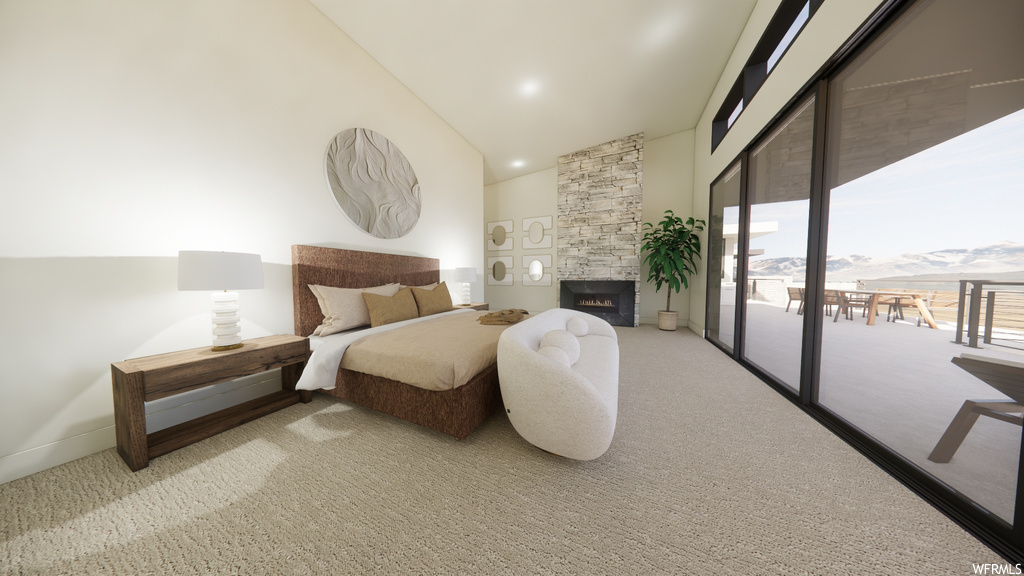 Carpeted bedroom featuring a fireplace and natural light