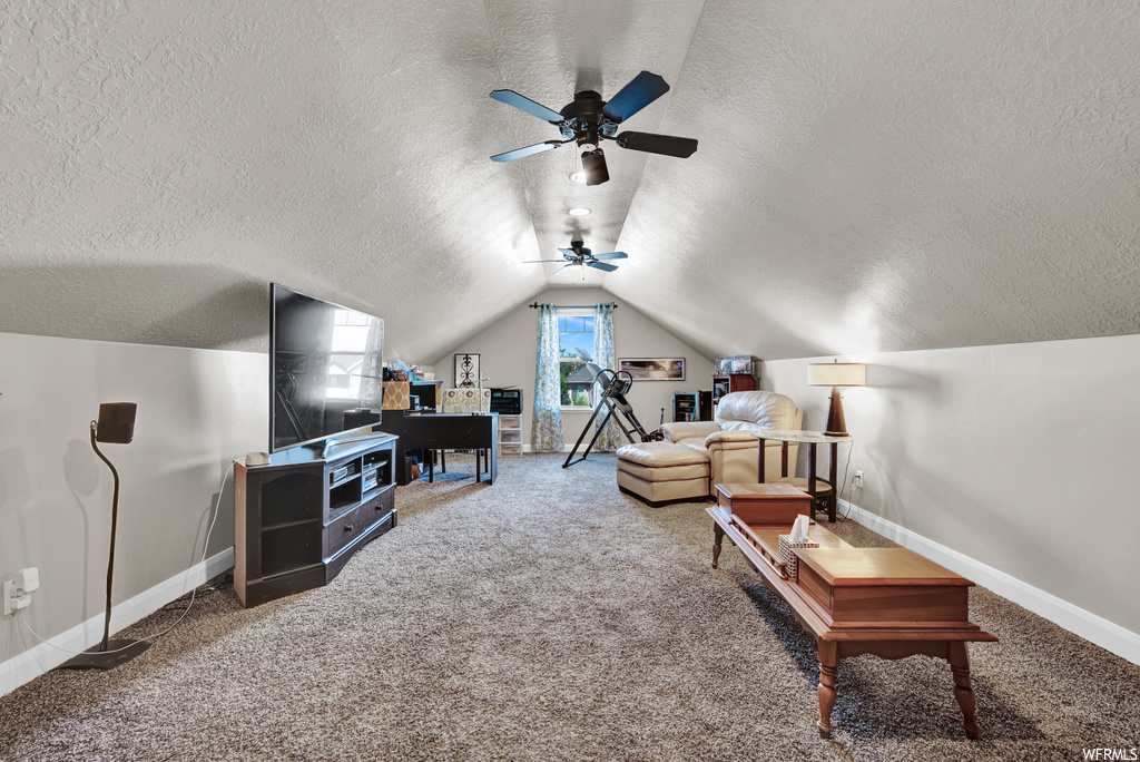 Carpeted living room with a ceiling fan, lofted ceiling, and TV