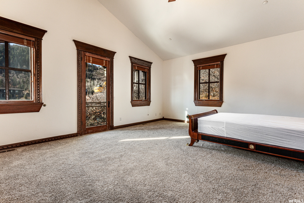 Unfurnished bedroom with multiple windows, light carpet, and high vaulted ceiling