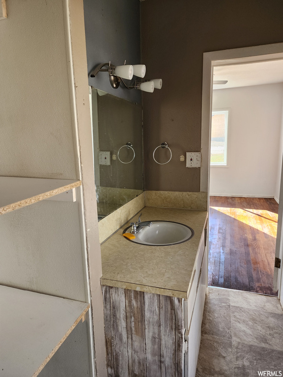 Bathroom featuring wood-type flooring and vanity