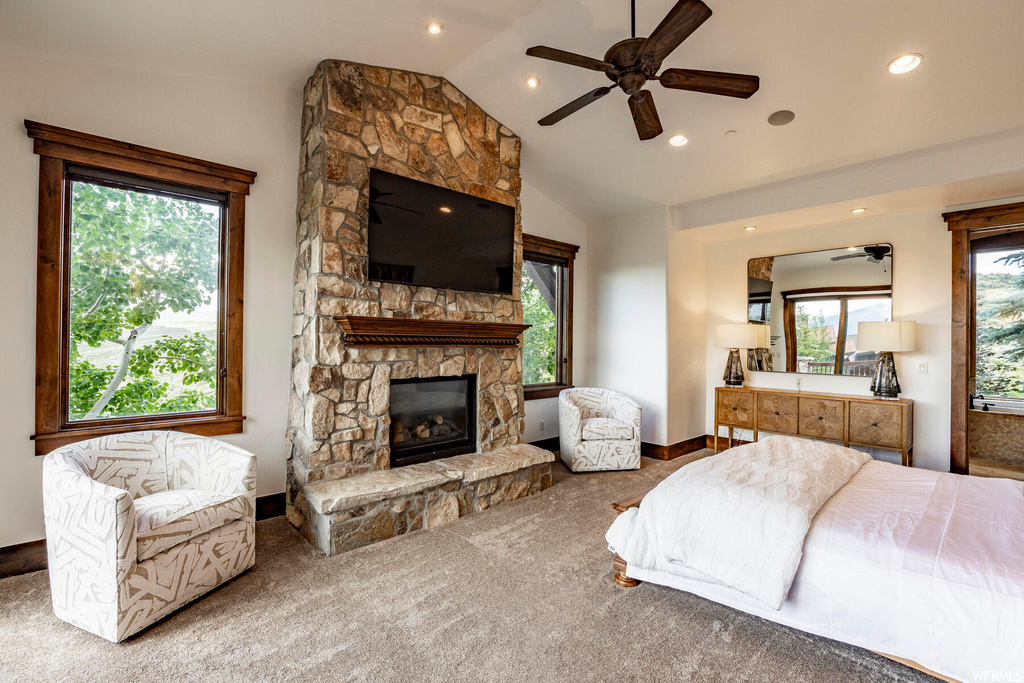 Carpeted bedroom with a fireplace, a ceiling fan, natural light, and TV