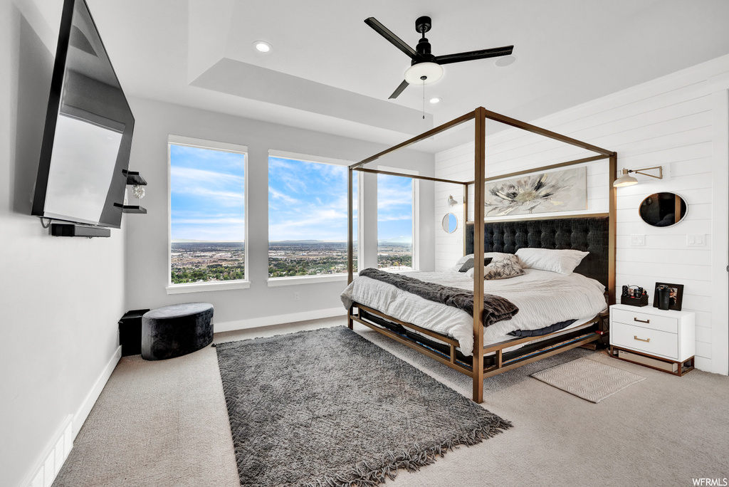 Carpeted bedroom featuring natural light and TV