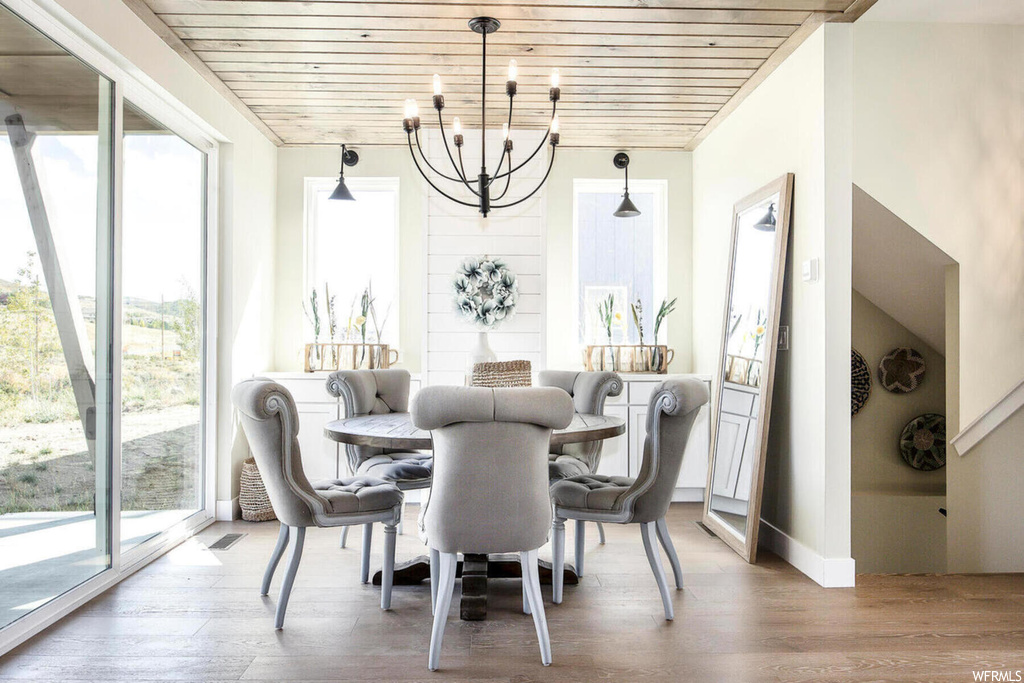 Dining space with wooden ceiling, a notable chandelier, plenty of natural light, and hardwood / wood-style flooring