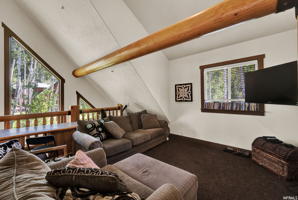 Living room featuring lofted ceiling with beams, natural light, and TV