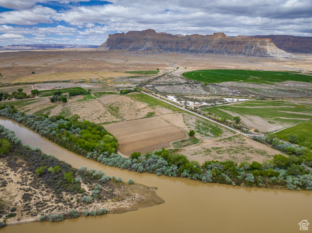 Aerial view with a water and mountain view