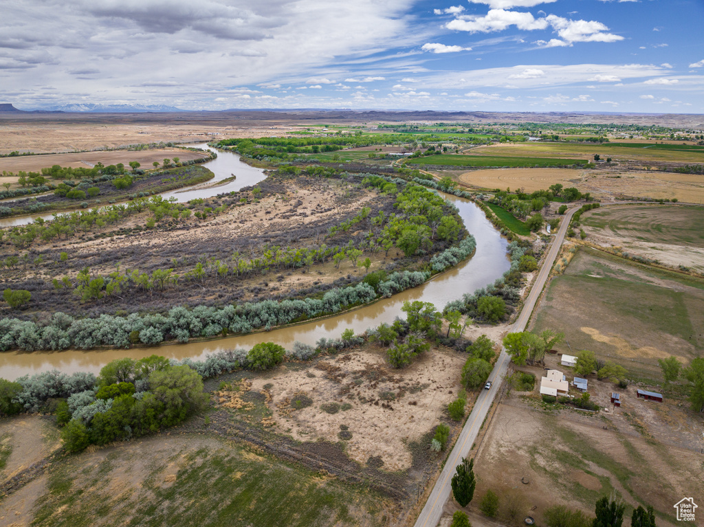 Bird's eye view with a rural view and a water view