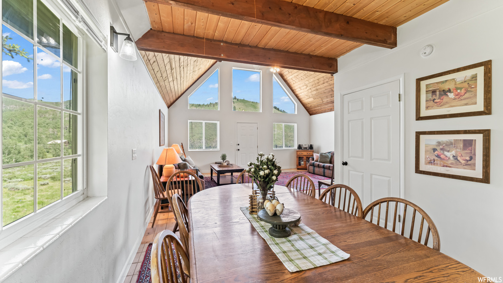 Dining area featuring natural light and lofted ceiling with beams