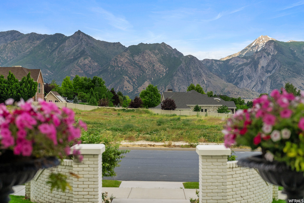 Property view of mountains featuring a yard