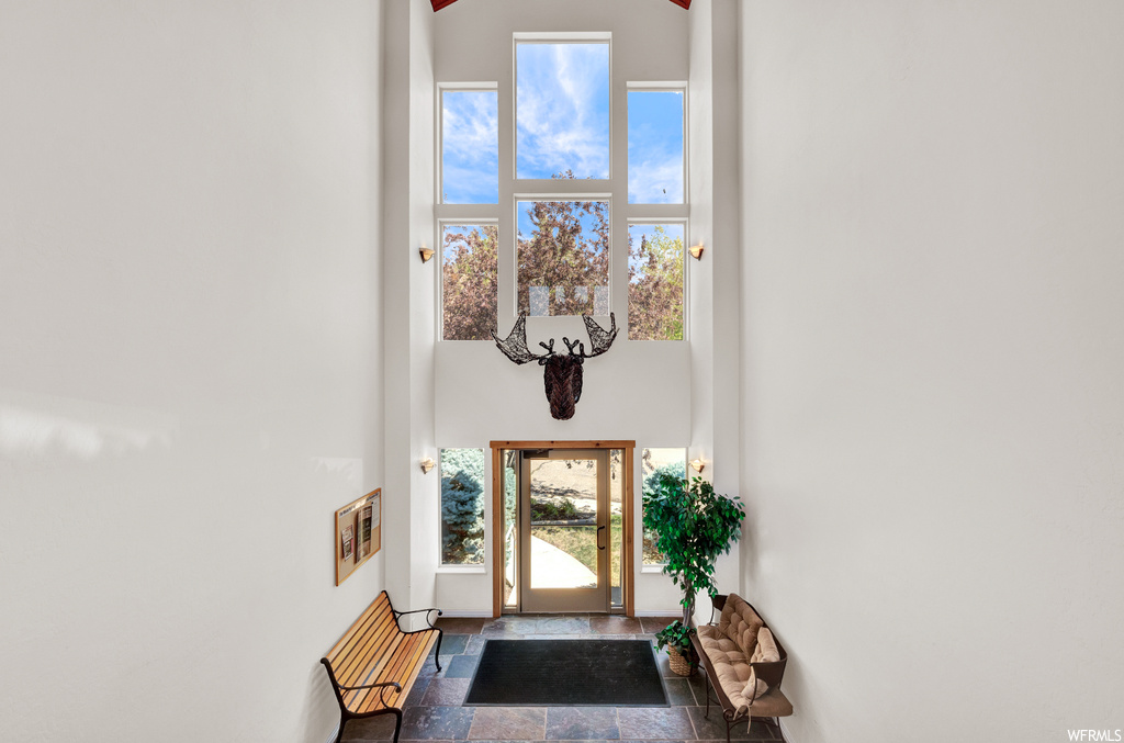 Foyer with a high ceiling and natural light