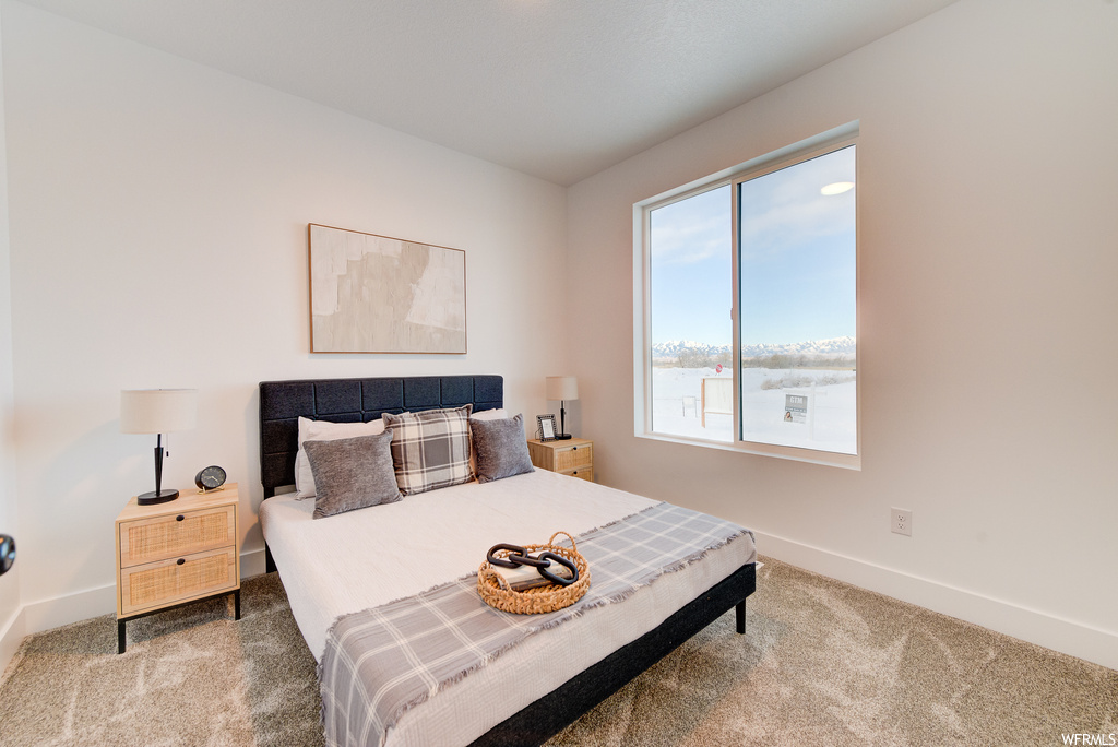 Carpeted bedroom with a water view