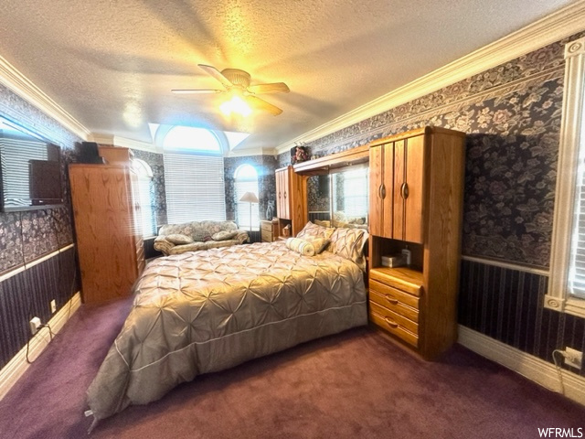 Carpeted bedroom with ceiling fan, a textured ceiling, and crown molding