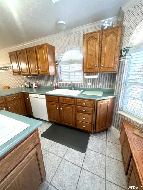 Kitchen featuring white dishwasher, light tile flooring, a healthy amount of sunlight, and sink