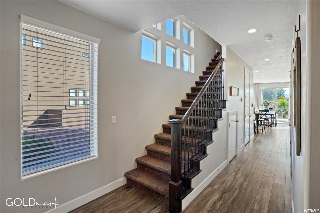 Staircase with natural light and hardwood floors