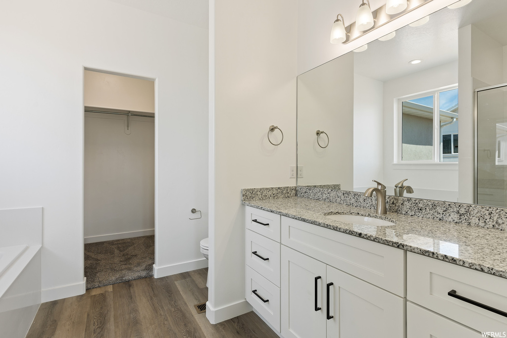 Bathroom featuring vanity, a bathing tub, dark parquet floors, and mirror