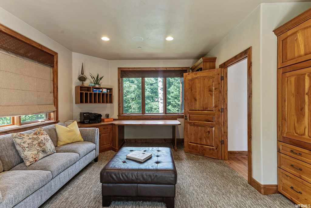 Hardwood floored living room featuring plenty of natural light