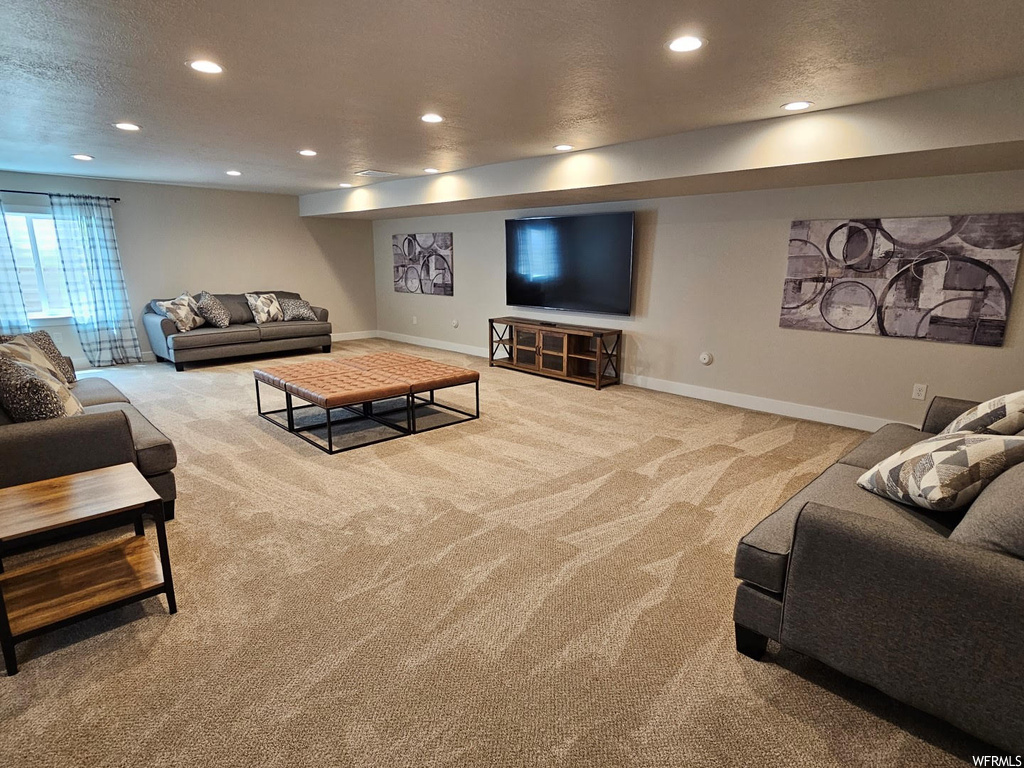 Living room featuring a textured ceiling and light carpet