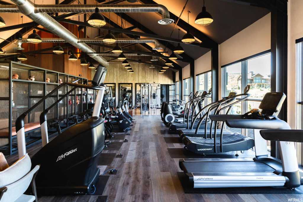 Workout area with hardwood flooring, vaulted ceiling, and a high ceiling