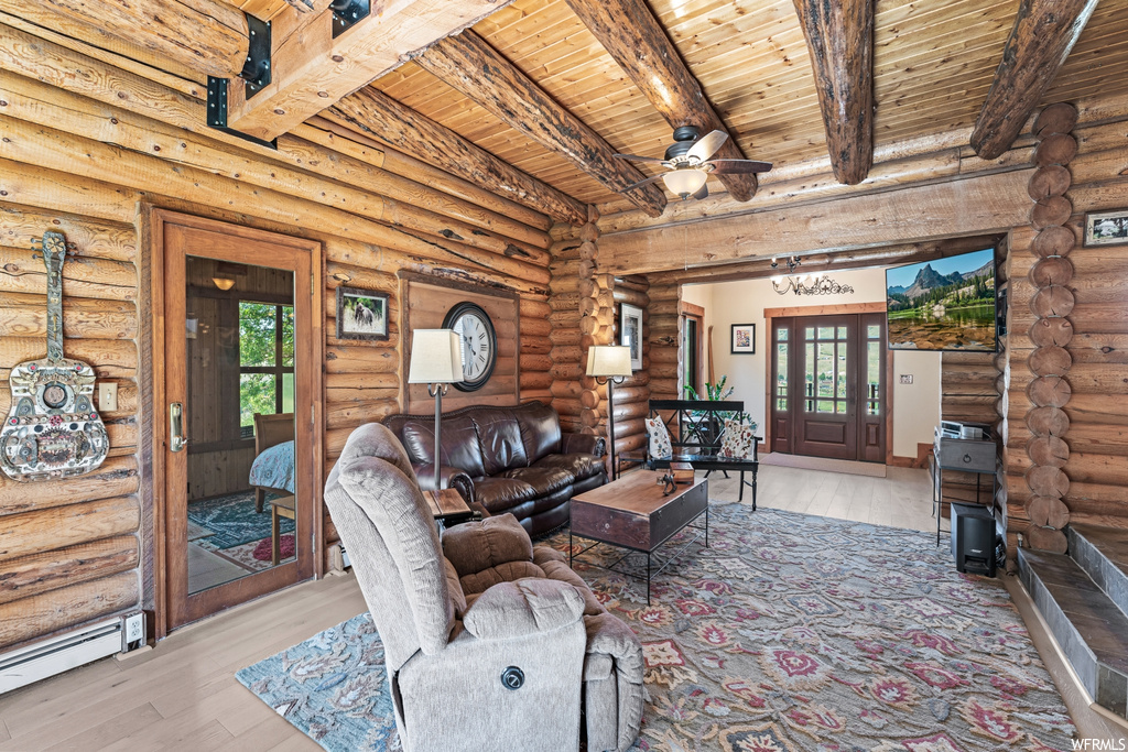 Hardwood floored living room featuring beam ceiling, log walls, a healthy amount of sunlight, and wooden ceiling