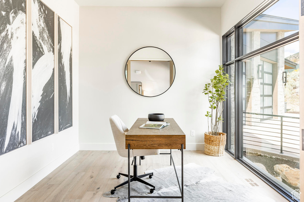 Home office featuring a healthy amount of sunlight and light wood-type flooring